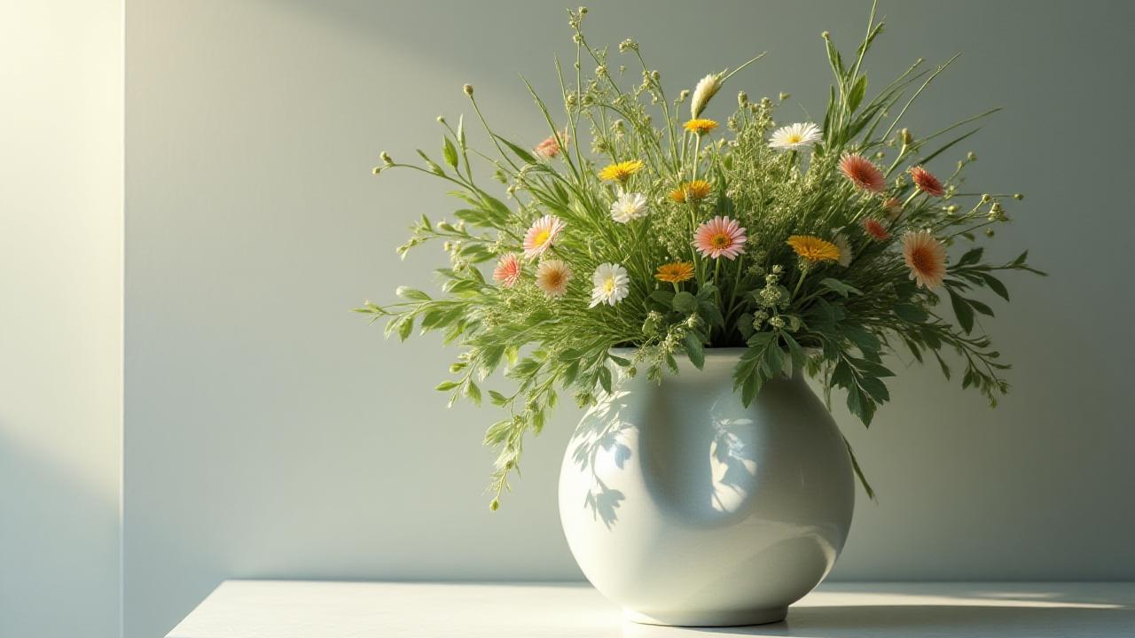 En elegant skulpturel buket i en minimalistisk vase placeret i et lyst københavnsk hjem